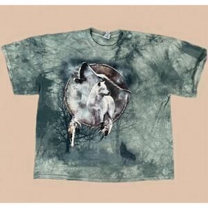 Wolf Spirit Dream-Catcher Tie-Dye T-Shirt Relax Fit Blue Gray Size 2XL